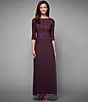 Color:Deep Plum - Image 5 - 3/4 Sleeve Sequined Lace Crew Neck Scalloped Bodice Chiffon Skirted Gown