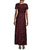 Color:Merlot - Image 2 - Sequined Floral Lace Ribbon Rosette Round Neck Short Sleeve Gown