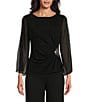 Color:Black - Image 1 - Sheer 3/4 cold Shoulder Sleeve Crew Neck Metallic Knit Beaded Detail Blouse