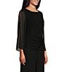 Color:Black - Image 3 - Sheer 3/4 cold Shoulder Sleeve Crew Neck Metallic Knit Beaded Detail Blouse