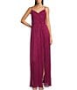 Color:Fuchsia - Image 1 - Shimmer Sleeveless Spaghetti Strap Sweetheart Neck Front Slit Pleated Gown