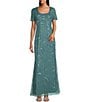 Color:Teal - Image 1 - Short Sleeve Scoop Neck Beaded Sheath Gown