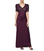 Alex Evenings Short Sleeve V-Neck Soutache Bodice Cascade Ruddle Dress, Color:Deep Plum - Image 1