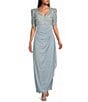 Alex Evenings Short Sleeve V-Neck Soutache Bodice Cascade Ruddle Dress - Image 1