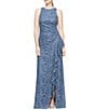 Color:Wedgewood - Image 1 - Crew Neck Sleeveless Cascade Ruffle Thigh High Slit Sequin Lace Stretch Gown