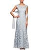 Color:Light Blue - Image 1 - Sleeveless Illusion Crew Neck Shawl Embroidered Gown