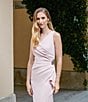 Color:Blush - Image 6 - Sleeveless Surplice V-Neck Beaded Detail Ruched Ruffled Sheath Gown