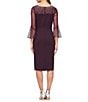 Color:Aubergine - Image 2 - Stretch Crepe Beaded Illusion Round Neck 3/4 Bell Sleeve Sheath Dress