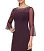 Color:Aubergine - Image 3 - Stretch Crepe Beaded Illusion Round Neck 3/4 Bell Sleeve Sheath Dress