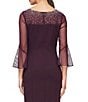 Color:Aubergine - Image 4 - Stretch Crepe Beaded Illusion Round Neck 3/4 Bell Sleeve Sheath Dress