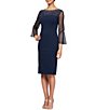 Color:Navy/Silver - Image 1 - Stretch Crepe Beaded Illusion Round Neck 3/4 Bell Sleeve Sheath Dress