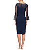 Color:Navy/Silver - Image 2 - Stretch Crepe Beaded Illusion Round Neck 3/4 Bell Sleeve Sheath Dress