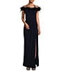 Color:Navy - Image 1 - Stretch Matte Jersey Feather Off-the-Shoulder Cap Sleeve Ruched Front Slit Gown
