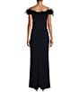 Color:Navy - Image 2 - Stretch Matte Jersey Feather Off-the-Shoulder Cap Sleeve Ruched Front Slit Gown