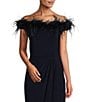 Color:Navy - Image 3 - Stretch Matte Jersey Feather Off-the-Shoulder Cap Sleeve Ruched Front Slit Gown