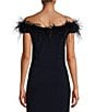 Color:Navy - Image 4 - Stretch Matte Jersey Feather Off-the-Shoulder Cap Sleeve Ruched Front Slit Gown