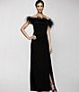 Color:Black - Image 5 - Stretch Matte Jersey Feather Off-the-Shoulder Cap Sleeve Ruched Front Slit Gown