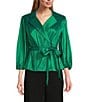 Alex Evenings Stretch Taffeta Collared V-Neck 3/4 Balloon Sleeve Tie Sash Wrap Top, Color:Jade - Image 1
