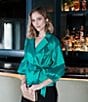 Alex Evenings Stretch Taffeta Collared V-Neck 3/4 Balloon Sleeve Tie Sash Wrap Top, Color:Jade - Image 5