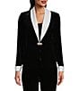 Color:Black/White - Image 1 - Stretch Velvet Satin Shawl Collar Neck Long Cuffed Sleeve 2-Piece Twinset