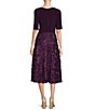 Color:Eggplant - Image 2 - Short Sleeve Floral Rosette Skirt Surplice V-Neck Tie Midi Dress