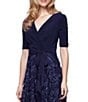 Color:Navy - Image 3 - Short Sleeve Floral Rosette Skirt Surplice V-Neck Tie Midi Dress