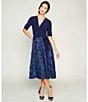 Color:Navy - Image 5 - Short Sleeve Floral Rosette Skirt Surplice V-Neck Tie Midi Dress