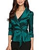 Color:Emerald Green - Image 1 - Taffeta Tie Waist Shawl Collar 3/4 Sleeve Top