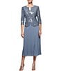 Color:Steel Blue - Image 1 - Square Neck 3/4 Sleeve Sequin Bursts Tea Length 2-Piece Midi Jacket Dress