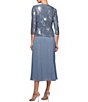 Color:Steel Blue - Image 2 - Square Neck 3/4 Sleeve Sequin Bursts Tea Length 2-Piece Midi Jacket Dress