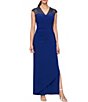 Color:Royal - Image 1 - V-Neck Cap Sleeve Beaded Ruffle Side Slit Embroidered Jersey Gown