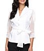Alex Evenings Yorkyu 3/4 Sleeve Button Front Tie Waist Collared Blouse, Color:Ivory - Image 1