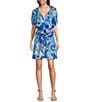 Color:Blue Floral - Image 1 - Allison Satin Back Crepe Floral Short Sleeve Belted A-Line Dress
