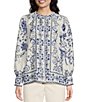 Color:Blue Scroll - Image 1 - Bianca Floral Printed Satin Crepe Crew Neck Long Sleeve Button Front Blouse