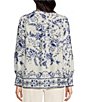 Color:Blue Scroll - Image 2 - Bianca Floral Printed Satin Crepe Crew Neck Long Sleeve Button Front Blouse