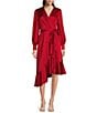 Alex Marie Lilac Satin V-Neck Long Blouson Sleeve Tie at Waist Wrap Asymmetrical Flounce Midi Dress, Color:Lipstick - Image 1