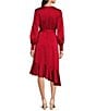 Alex Marie Lilac Satin V-Neck Long Blouson Sleeve Tie at Waist Wrap Asymmetrical Flounce Midi Dress, Color:Lipstick - Image 2