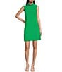 Color:Bright Green - Image 1 - Mary Textured Satin Sleeveless Mock Neck Shift Dress