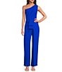 Alex Marie Petite Size Aliza One Shoulder Wide Leg Crepe Jumpsuit, Color:Pool Blue - Image 1