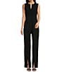 Color:Black - Image 1 - Petite Size Barbara Split V-Neck Crossover Waist Slit Front Leg Jumpsuit