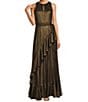 Color:Black/Gold - Image 1 - Petite Size Colette Metallic Sleeveless Keyhole Neck Tie Waist Tiered Ruffled Hem Gown