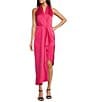 Alex Marie Petite Size Hazel Halter Neck Sleeveless Draped Asymmetrical Hem Satin Dress, Color:Cosmo - Image 1