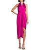 Color:Fuchsia - Image 1 - Petite Size Hazel Halter Neck Sleeveless Draped Asymmetrical Hem Satin Dress