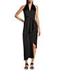 Alex Marie Petite Size Hazel Halter Neck Sleeveless Draped Asymmetrical Hem Satin Dress, Color:Black - Image 1
