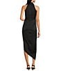 Alex Marie Petite Size Hazel Halter Neck Sleeveless Draped Asymmetrical Hem Satin Dress, Color:Black - Image 2