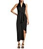 Alex Marie Petite Size Hazel Halter Neck Sleeveless Draped Asymmetrical Hem Satin Dress, Color:Black - Image 1
