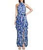 Alex Marie Petite Size Nina Floral Halter Neck Sleeveless A-Line Maxi Dress, Color:Cobalt - Image 1