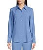 Color:Ocean - Image 1 - Piper Lightweight Soft Crepe de Chine Point Collar Long Sleeve Button Front Top