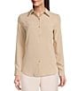 Color:Sandstone Tan - Image 1 - Piper Lightweight Soft Crepe de Chine Point Collar Long Sleeve Button Front Washable Top
