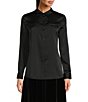 Color:Black - Image 1 - Piper Point Collar Long Sleeve Satin Button Front Blouse